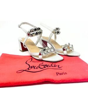 Christian‎ Louboutin Heels Sandals White Leather Galerietta 55 Spike Stud 38.5
